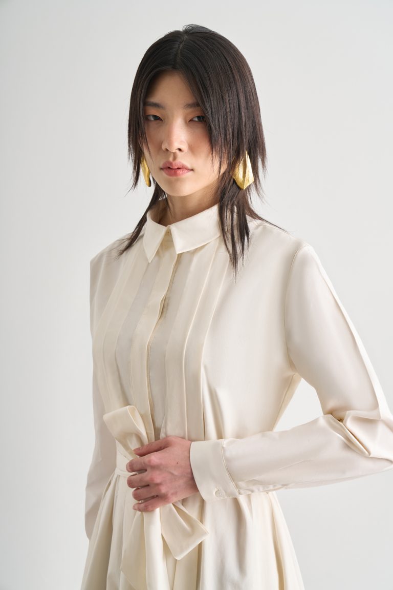 Mizalle Premium Saf Pamuk Ekru Piliseli Uzun Elbise - Mizalle