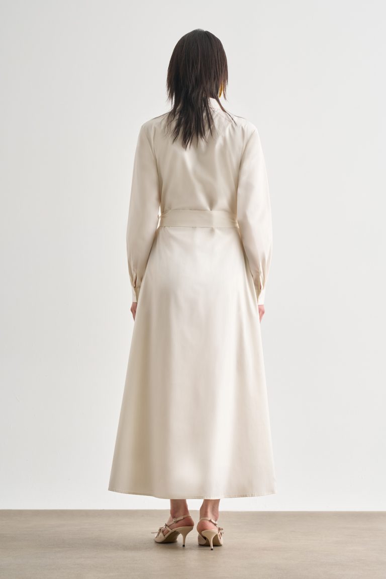 Mizalle Premium Saf Pamuk Ekru Piliseli Uzun Elbise - Mizalle