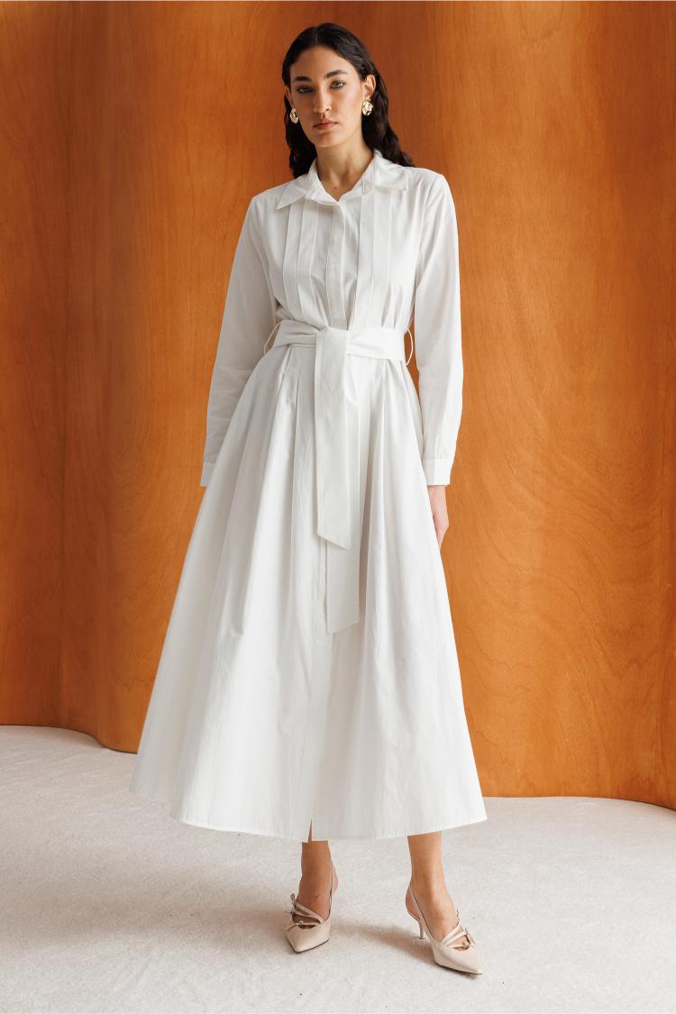 Mizalle Premium Saf Pamuk Ekru Piliseli Uzun Elbise - Mizalle