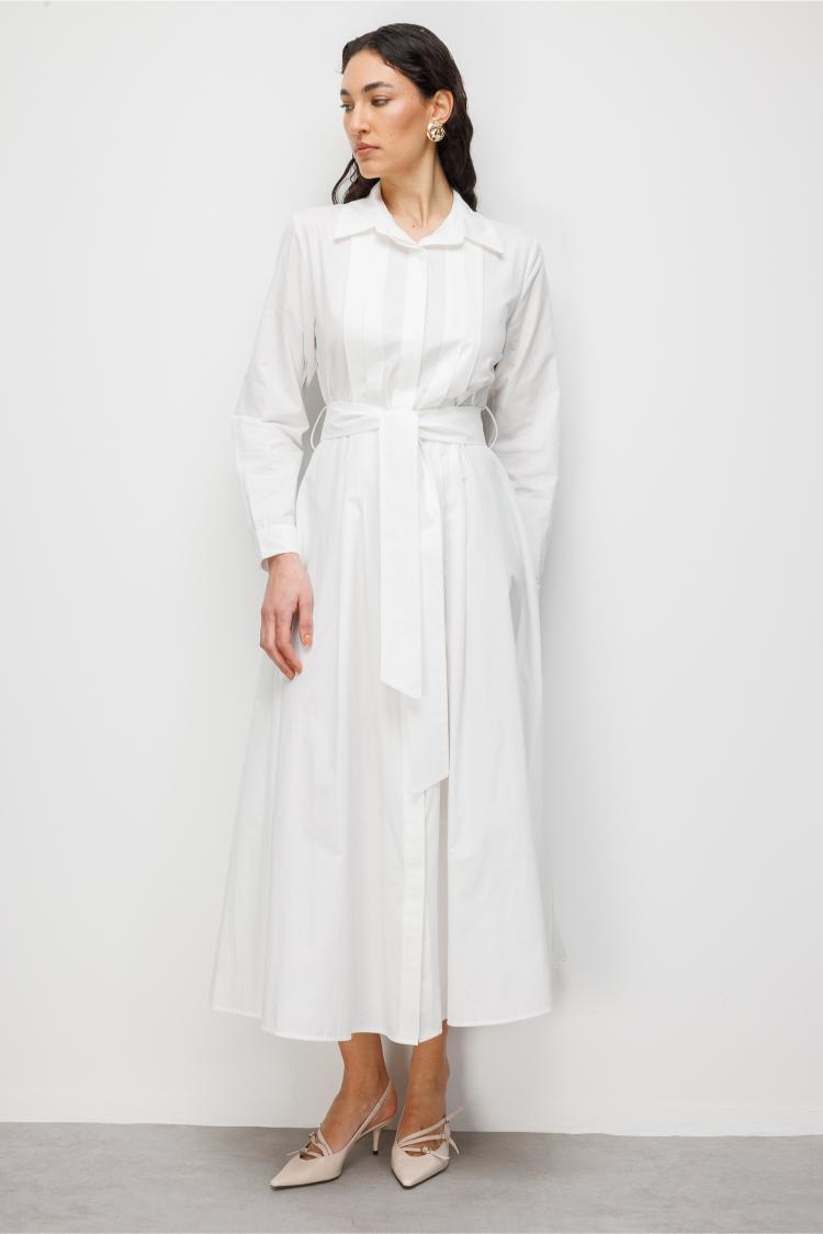 Mizalle Premium Saf Pamuk Ekru Piliseli Uzun Elbise - 2