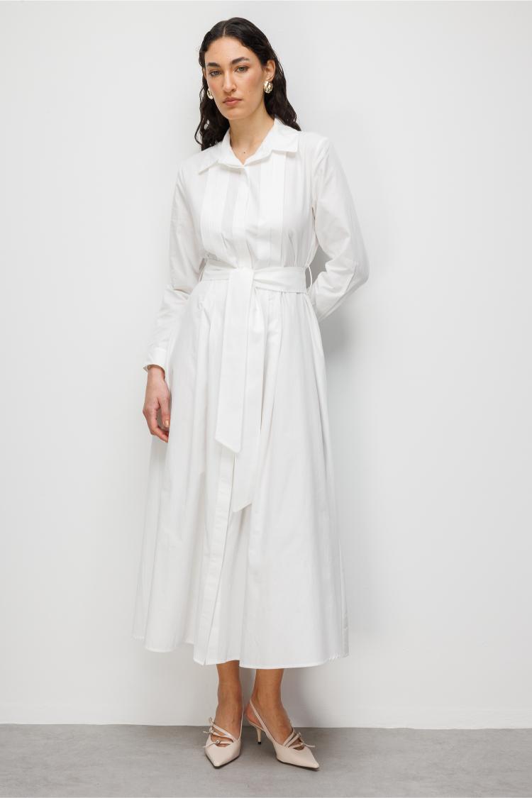 Mizalle Premium Saf Pamuk Ekru Piliseli Uzun Elbise - 3