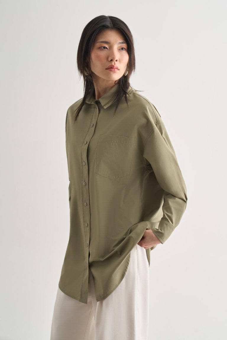 Mizalle Premium Saf Pamuk Haki Oversize Gömlek - Mizalle