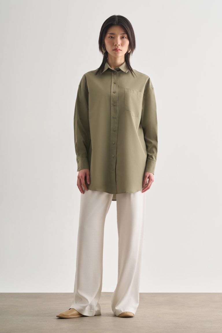 Mizalle Premium Saf Pamuk Haki Oversize Gömlek - Mizalle