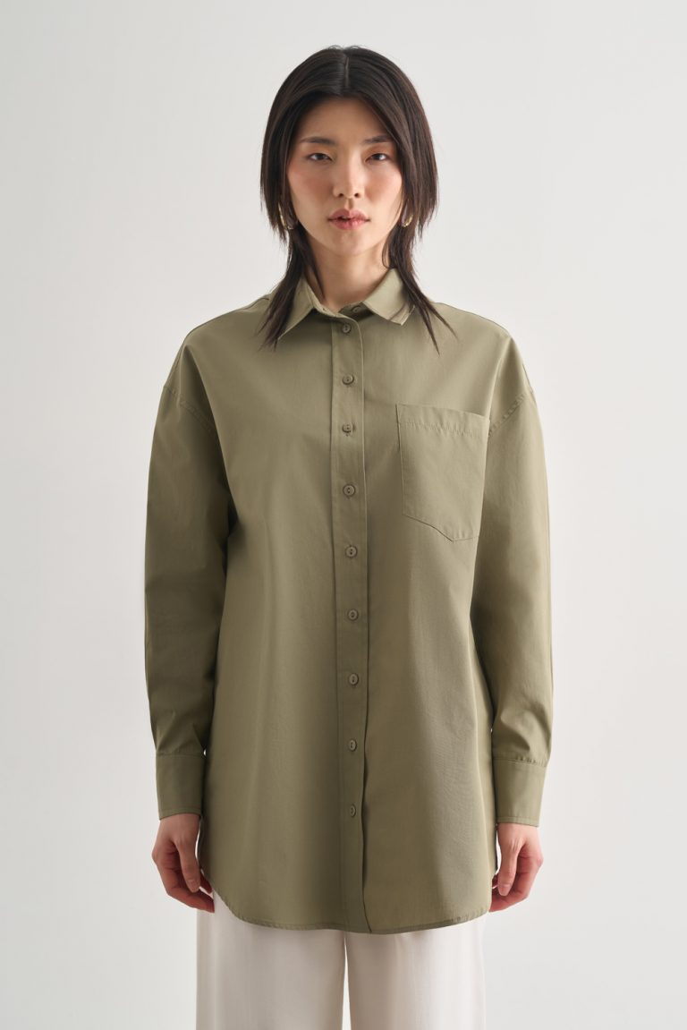 Mizalle Premium Saf Pamuk Haki Oversize Gömlek - Mizalle