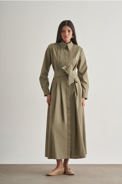 Mizalle Premium Saf Pamuk Haki Piliseli Uzun Elbise - Mizalle