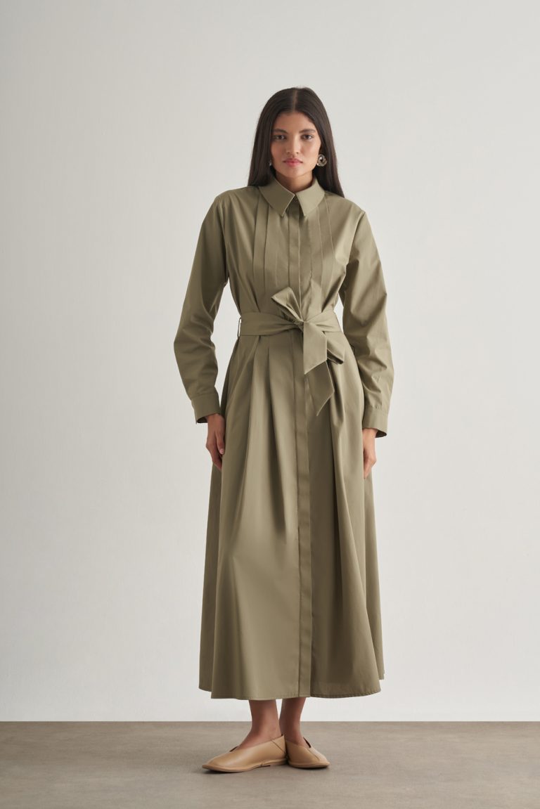 Mizalle Premium Saf Pamuk Haki Piliseli Uzun Elbise - Mizalle