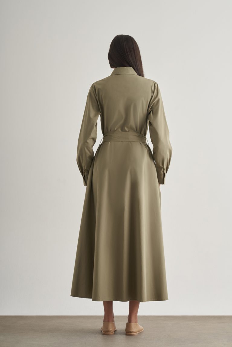 Mizalle Premium Saf Pamuk Haki Piliseli Uzun Elbise - Mizalle