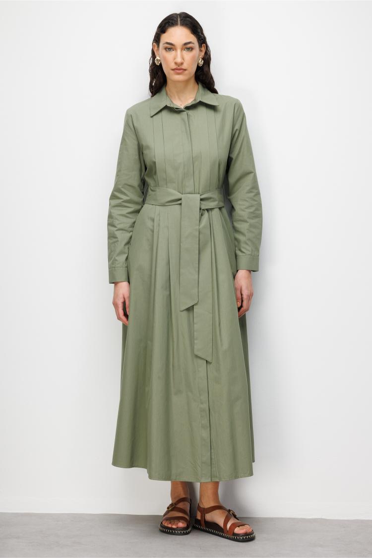 Mizalle Premium Saf Pamuk Haki Piliseli Uzun Elbise - Mizalle