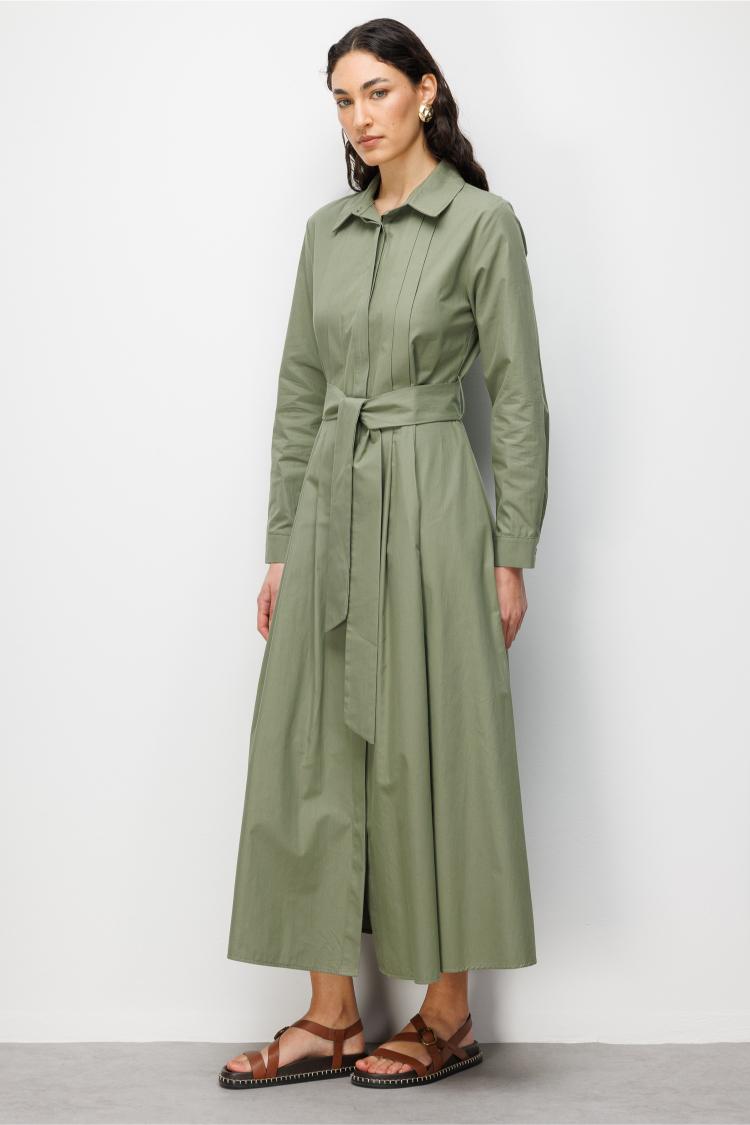 Mizalle Premium Saf Pamuk Haki Piliseli Uzun Elbise - 2