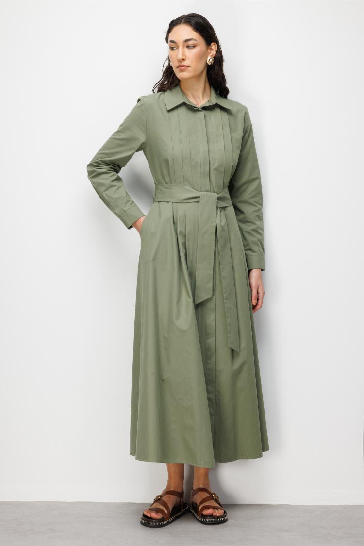 Mizalle Premium Saf Pamuk Haki Piliseli Uzun Elbise - 3