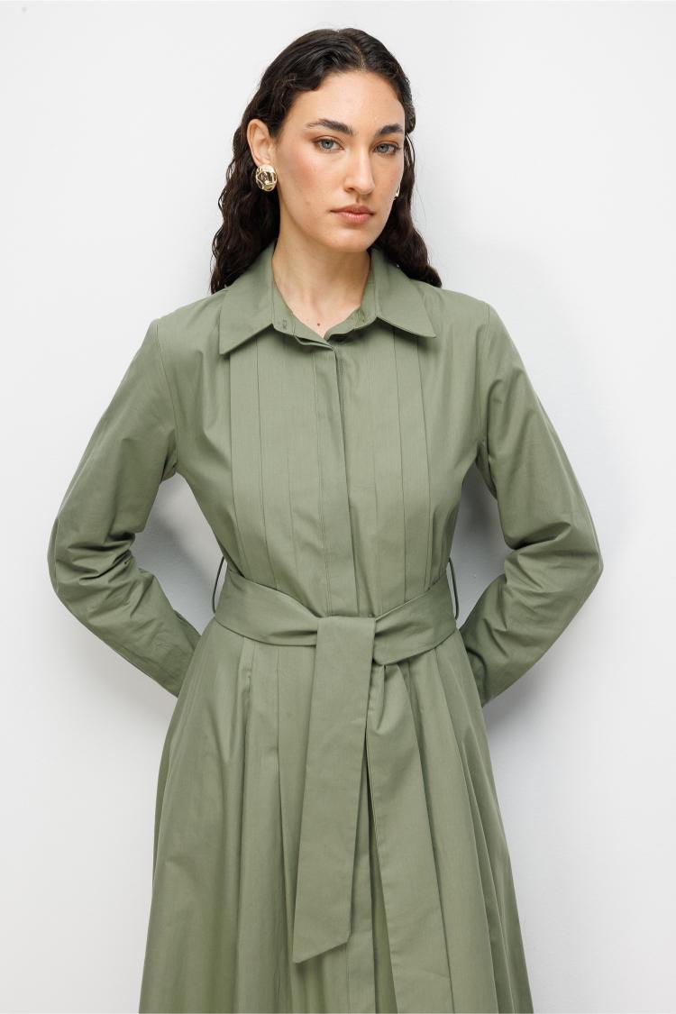 Mizalle Premium Saf Pamuk Haki Piliseli Uzun Elbise - 4