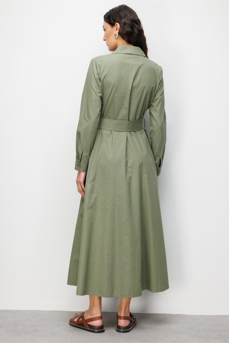 Mizalle Premium Saf Pamuk Haki Piliseli Uzun Elbise - Mizalle