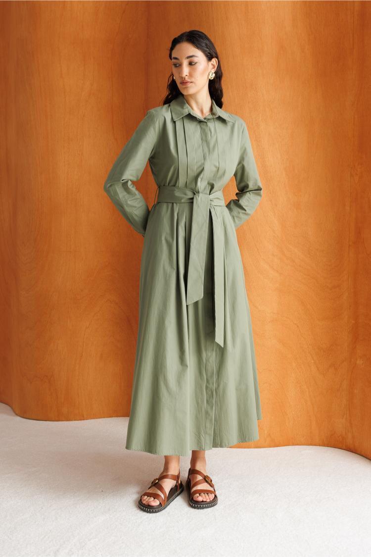 Mizalle Premium Saf Pamuk Haki Piliseli Uzun Elbise - 6