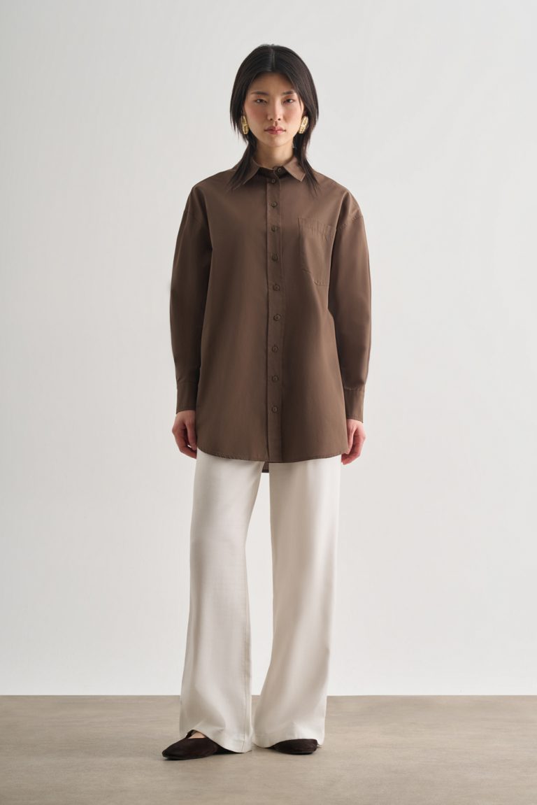 Mizalle Premium Saf Pamuk Kahverengi Oversize Gömlek - Mizalle