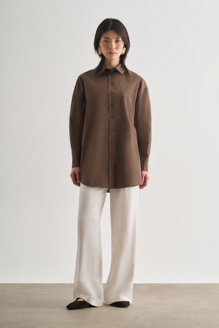 Mizalle - Mizalle Premium Saf Pamuk Kahverengi Oversize Gömlek