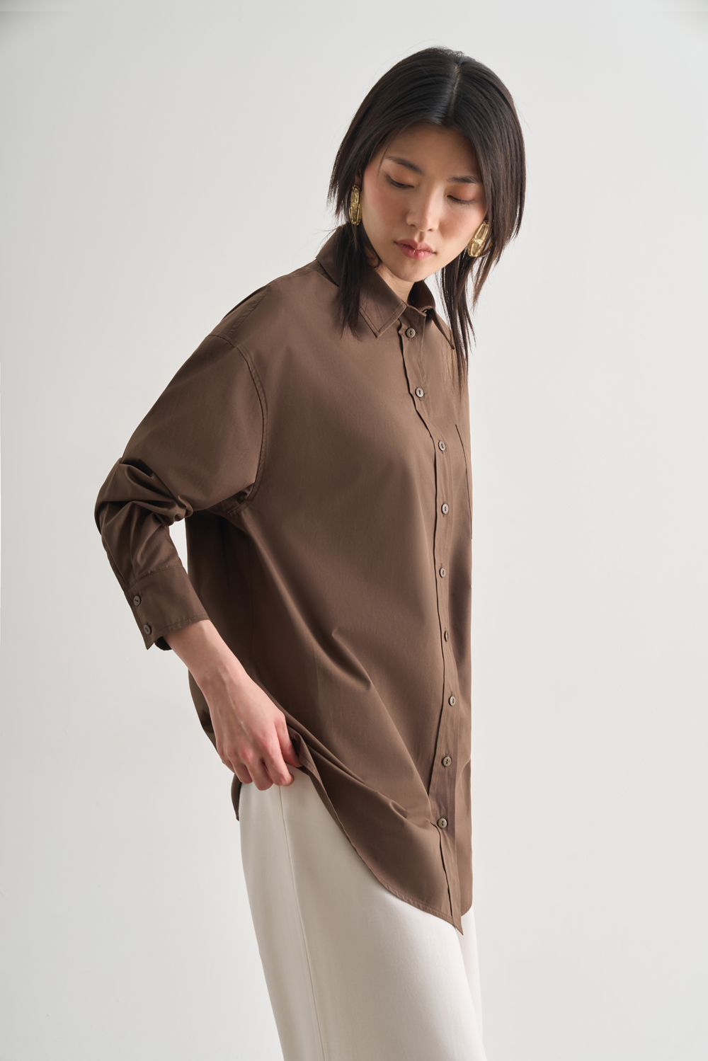 Mizalle Premium Saf Pamuk Kahverengi Oversize Gömlek