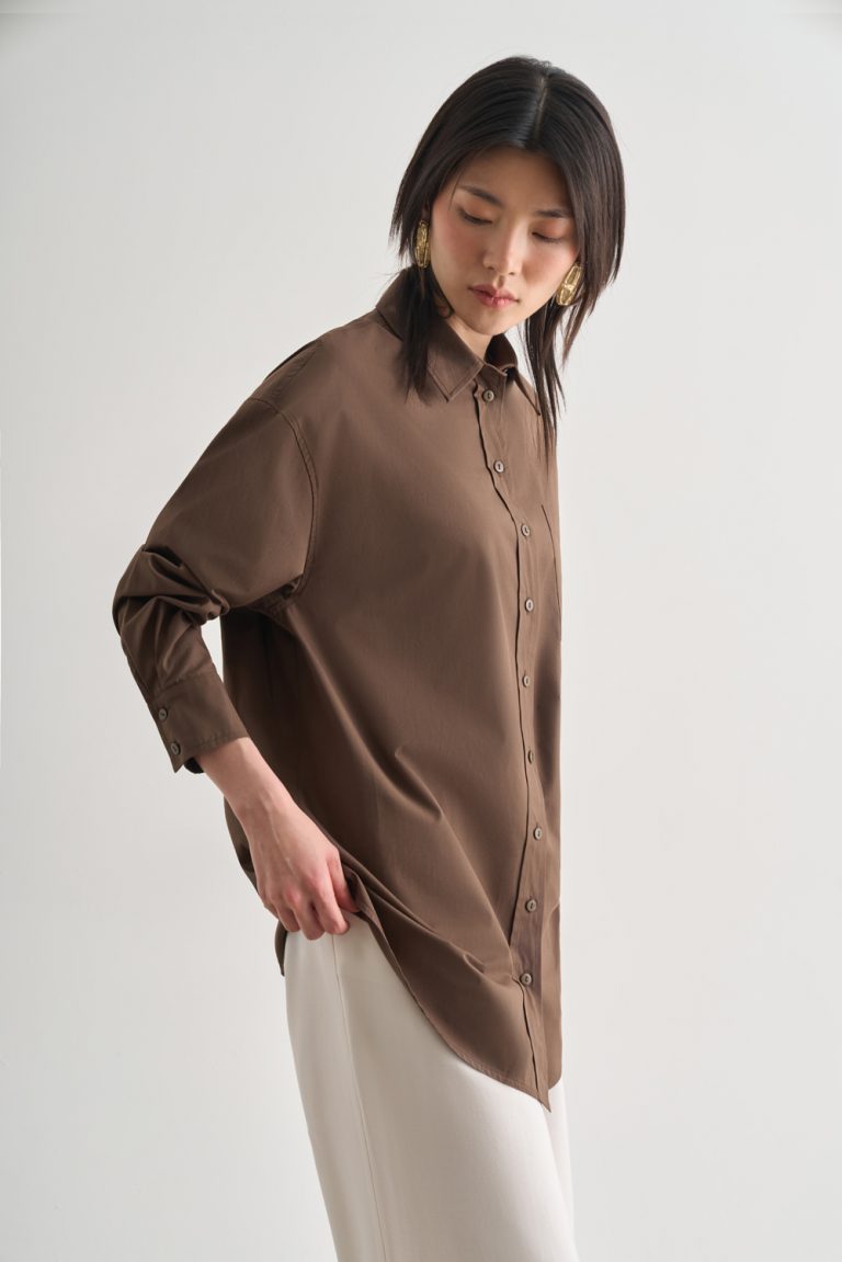 Mizalle Premium Saf Pamuk Kahverengi Oversize Gömlek - Mizalle