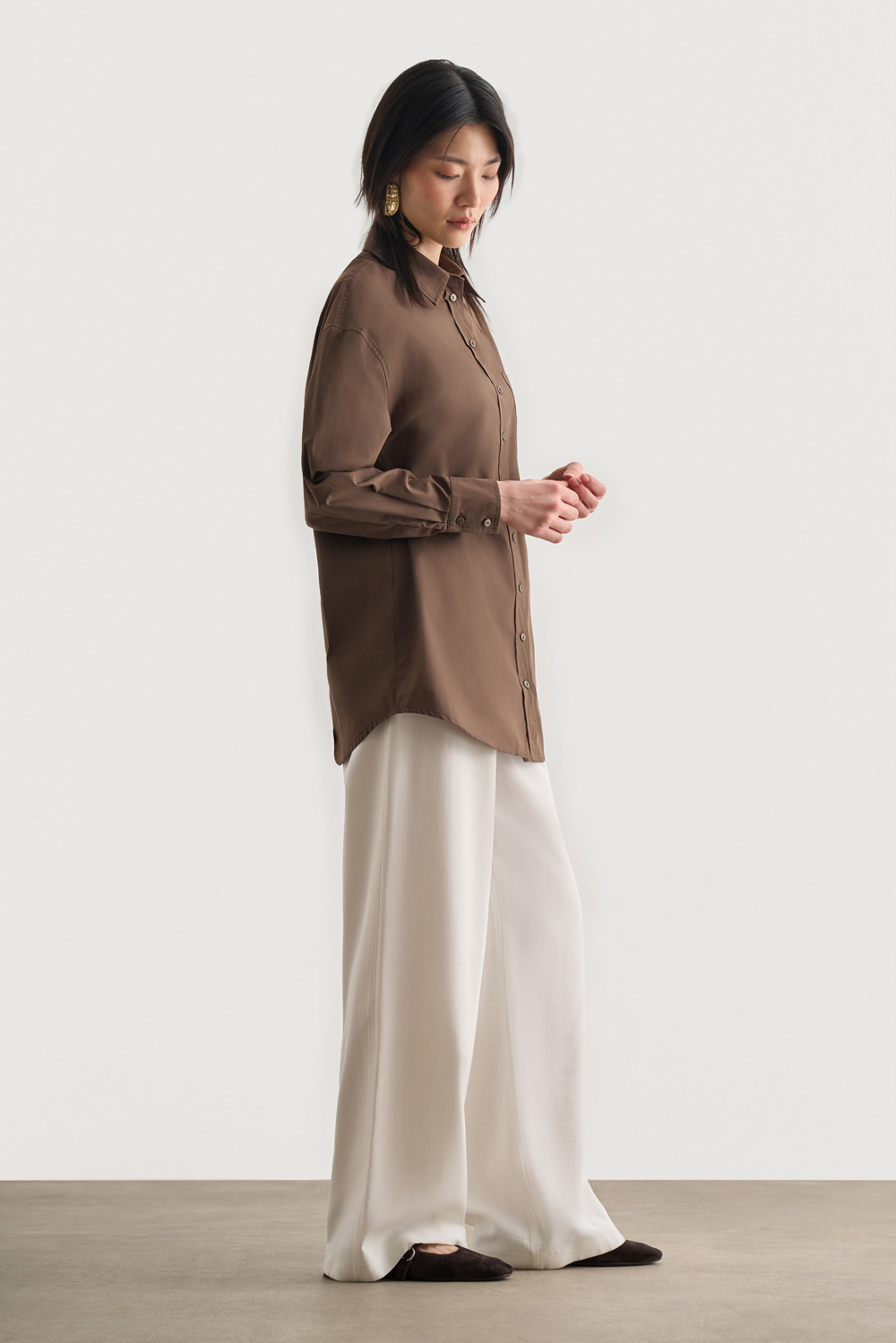 Mizalle Premium Saf Pamuk Kahverengi Oversize Gömlek