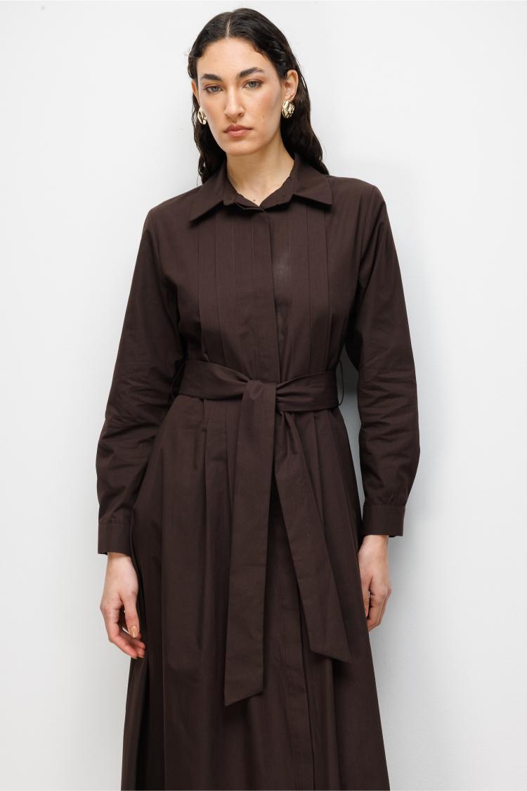 Mizalle Premium Saf Pamuk Kahverengi Piliseli Uzun Elbise - Mizalle