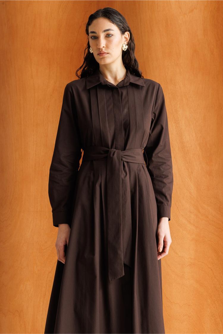 Mizalle Premium Saf Pamuk Kahverengi Piliseli Uzun Elbise - 3