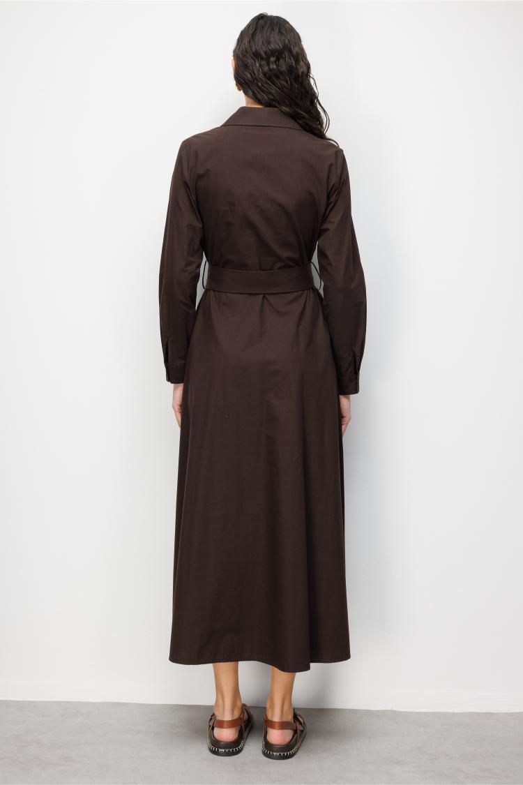 Mizalle Premium Saf Pamuk Kahverengi Piliseli Uzun Elbise - Mizalle