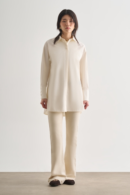 Mizalle - Mizalle Premium Saf Pamuk Kalın Manşetli Oversize Beyaz Gömlek