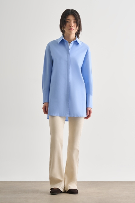 Mizalle - Mizalle Premium Saf Pamuk Kalın Manşetli Oversize Mavi Gömlek