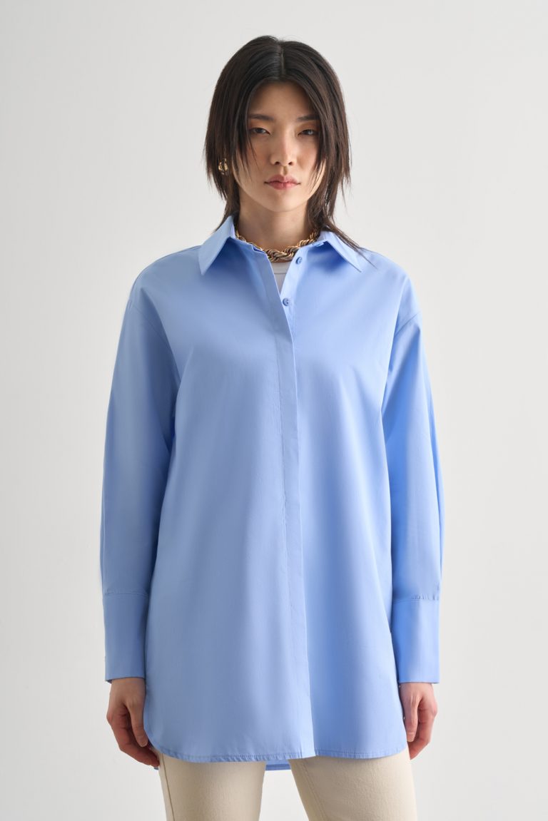 Mizalle Premium Saf Pamuk Kalın Manşetli Oversize Mavi Gömlek - Mizalle