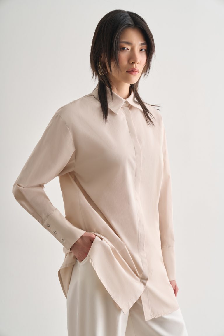 Mizalle Premium Saf Pamuk Kalın Manşetli Oversize Taş Rengi Gömlek - Mizalle