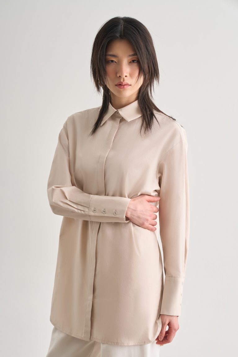 Mizalle Premium Saf Pamuk Kalın Manşetli Oversize Taş Rengi Gömlek - Mizalle