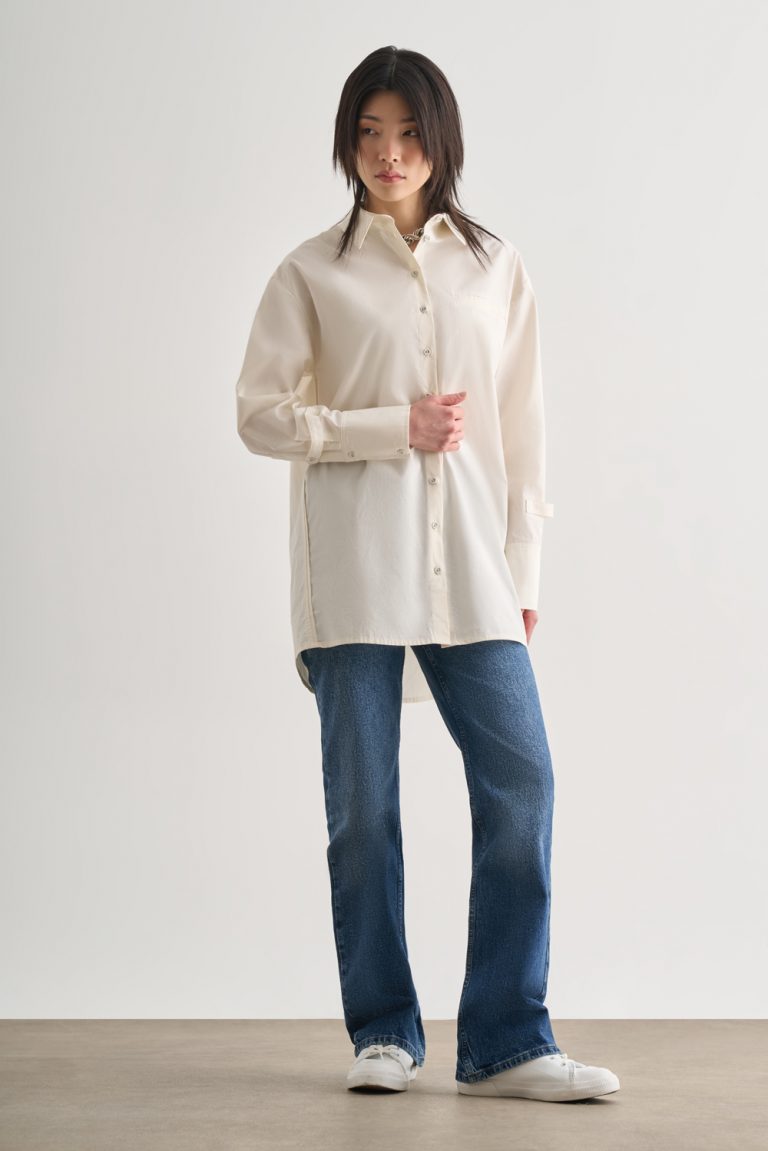 Mizalle Premium Saf Pamuk Kol Manşet Detaylı Ekru Uzun Gömlek - Mizalle