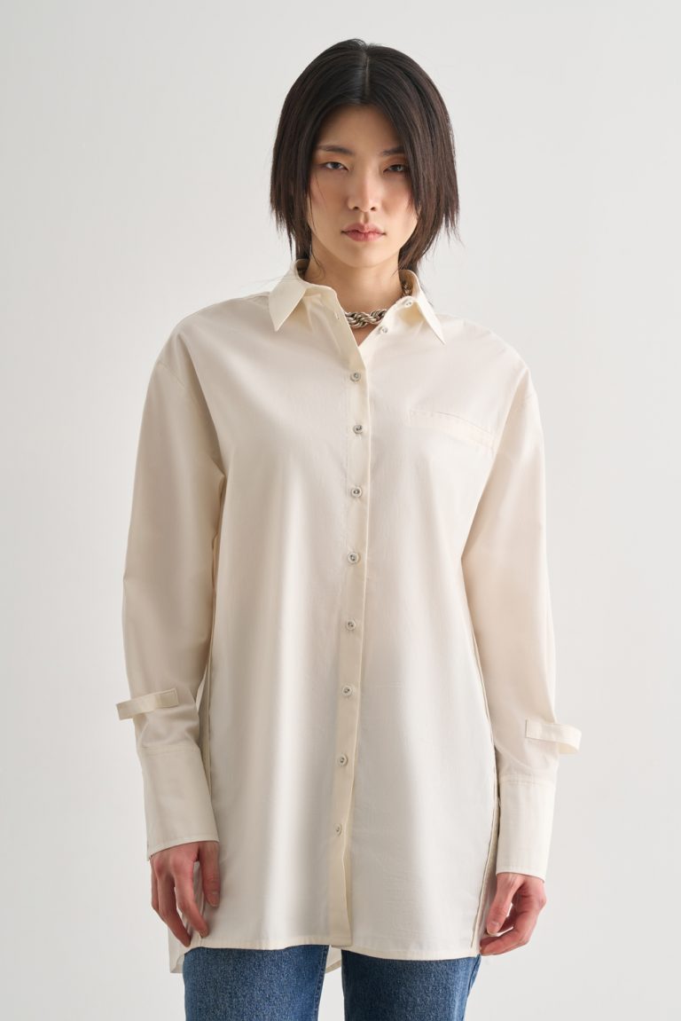 Mizalle Premium Saf Pamuk Kol Manşet Detaylı Ekru Uzun Gömlek - Mizalle