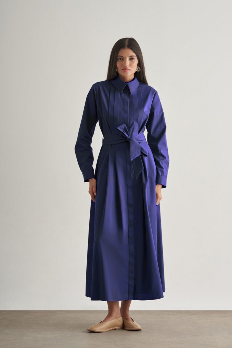 Mizalle Premium Saf Pamuk Lacivert Piliseli Uzun Elbise - Mizalle