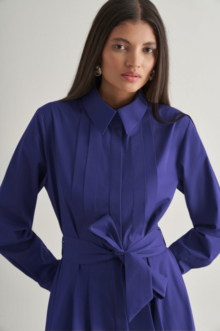 Mizalle Premium Saf Pamuk Lacivert Piliseli Uzun Elbise - Mizalle