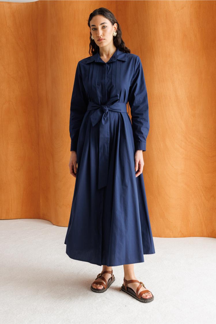 Mizalle Premium Saf Pamuk Lacivert Piliseli Uzun Elbise - 1