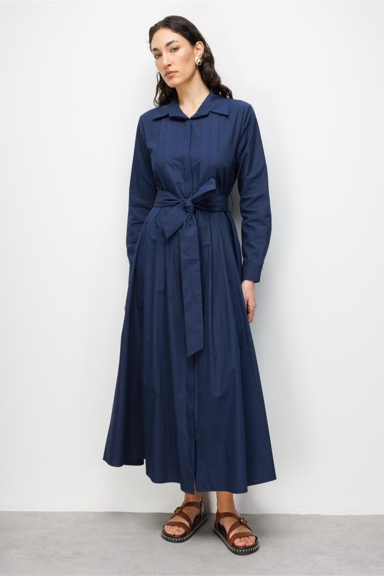 Mizalle Premium Saf Pamuk Lacivert Piliseli Uzun Elbise - Mizalle