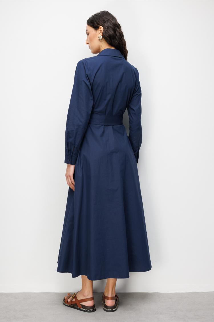 Mizalle Premium Saf Pamuk Lacivert Piliseli Uzun Elbise - 4