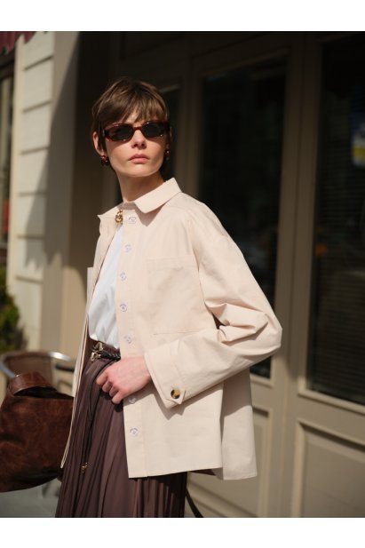 Mizalle Premium Saf Pamuk Oversize Bej Rengi Ceket Gömlek - Mizalle