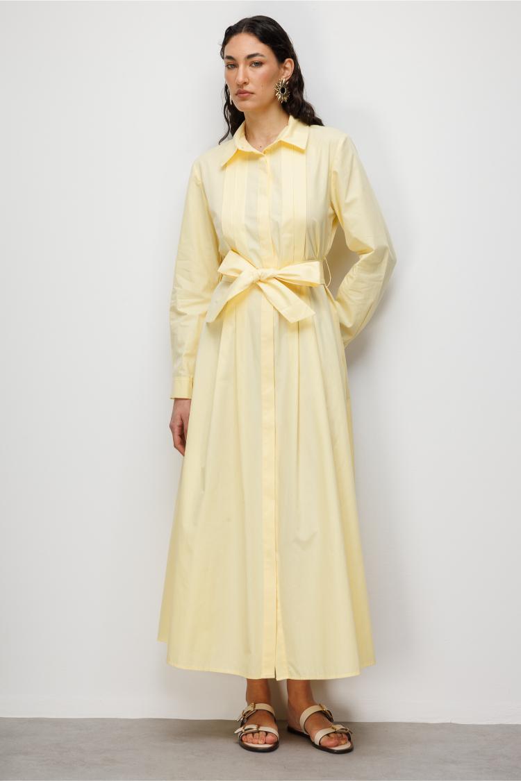 Mizalle Premium Saf Pamuk Sarı Piliseli Uzun Elbise - Mizalle