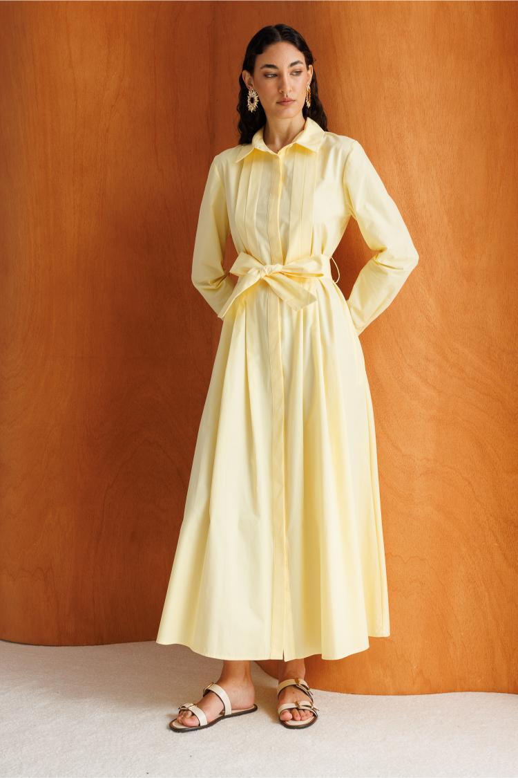 Mizalle Premium Saf Pamuk Sarı Piliseli Uzun Elbise - Mizalle