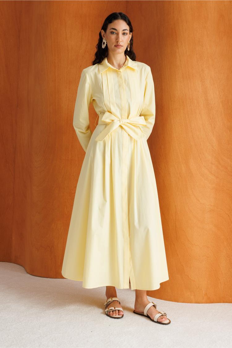 Mizalle Premium Saf Pamuk Sarı Piliseli Uzun Elbise - Mizalle