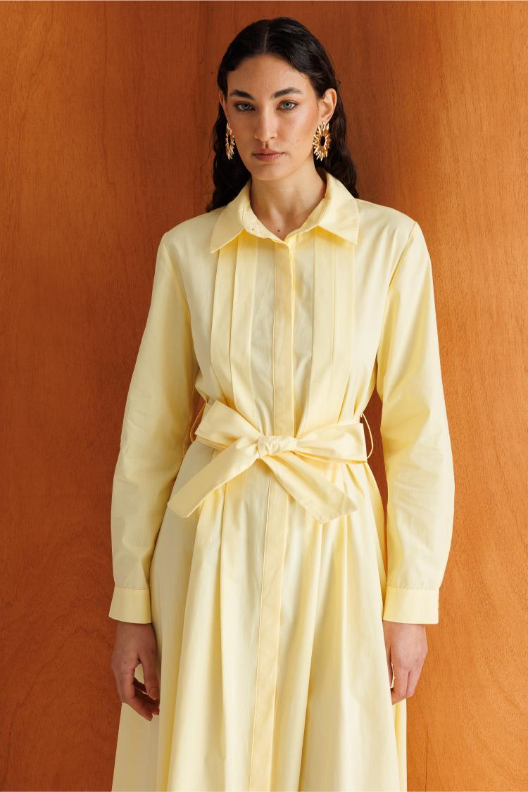 Mizalle Premium Saf Pamuk Sarı Piliseli Uzun Elbise - Mizalle