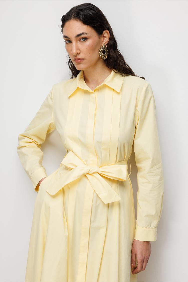 Mizalle Premium Saf Pamuk Sarı Piliseli Uzun Elbise - 5