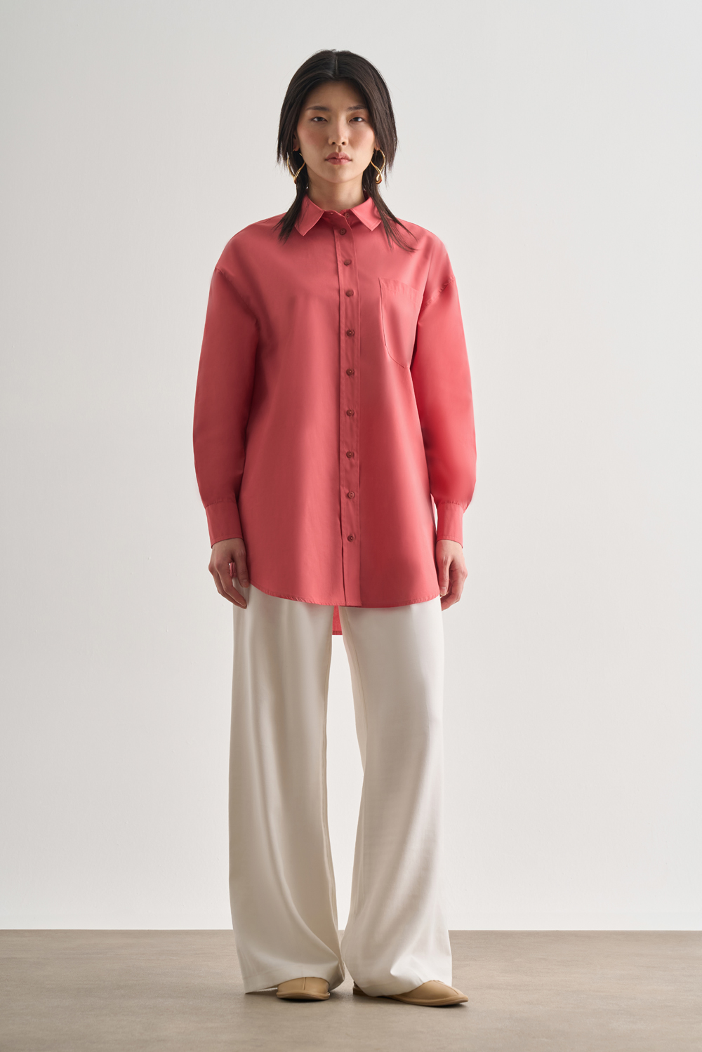 Mizalle - Mizalle Premium Saf Pamuk Şeftali Rengi Oversize Gömlek Mizalle - Mizalle Premium Saf Pamuk Şeftali Rengi Oversize Gömlek