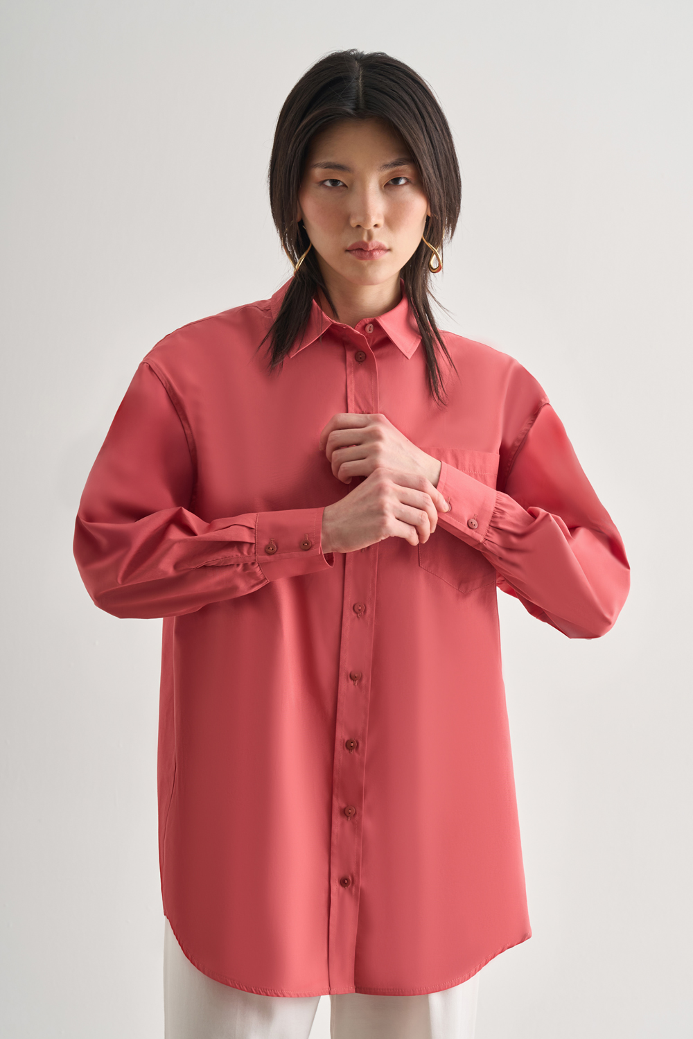 Mizalle Premium Saf Pamuk Şeftali Rengi Oversize Gömlek Mizalle Premium Saf Pamuk Şeftali Rengi Oversize Gömlek