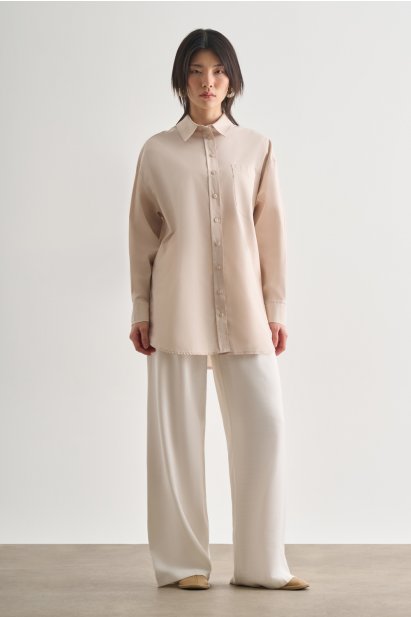 Mizalle Premium Saf Pamuk Taş Rengi Oversize Gömlek - Mizalle