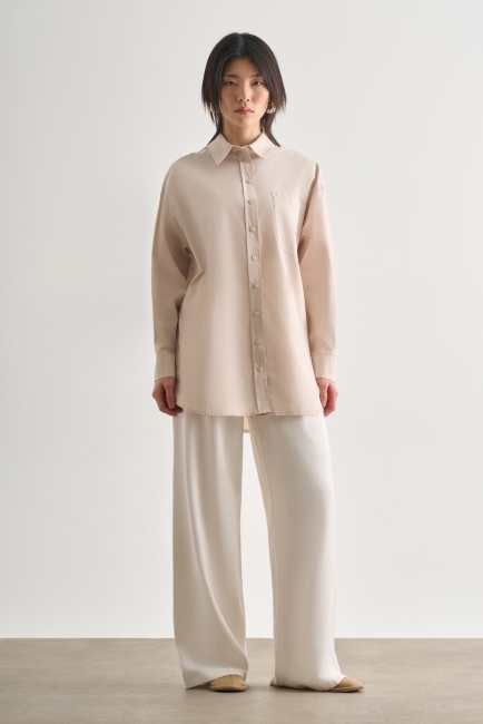 Mizalle - Mizalle Premium Saf Pamuk Taş Rengi Oversize Gömlek