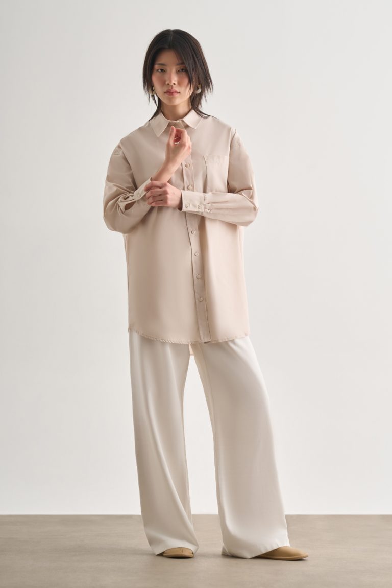 Mizalle Premium Saf Pamuk Taş Rengi Oversize Gömlek - Mizalle