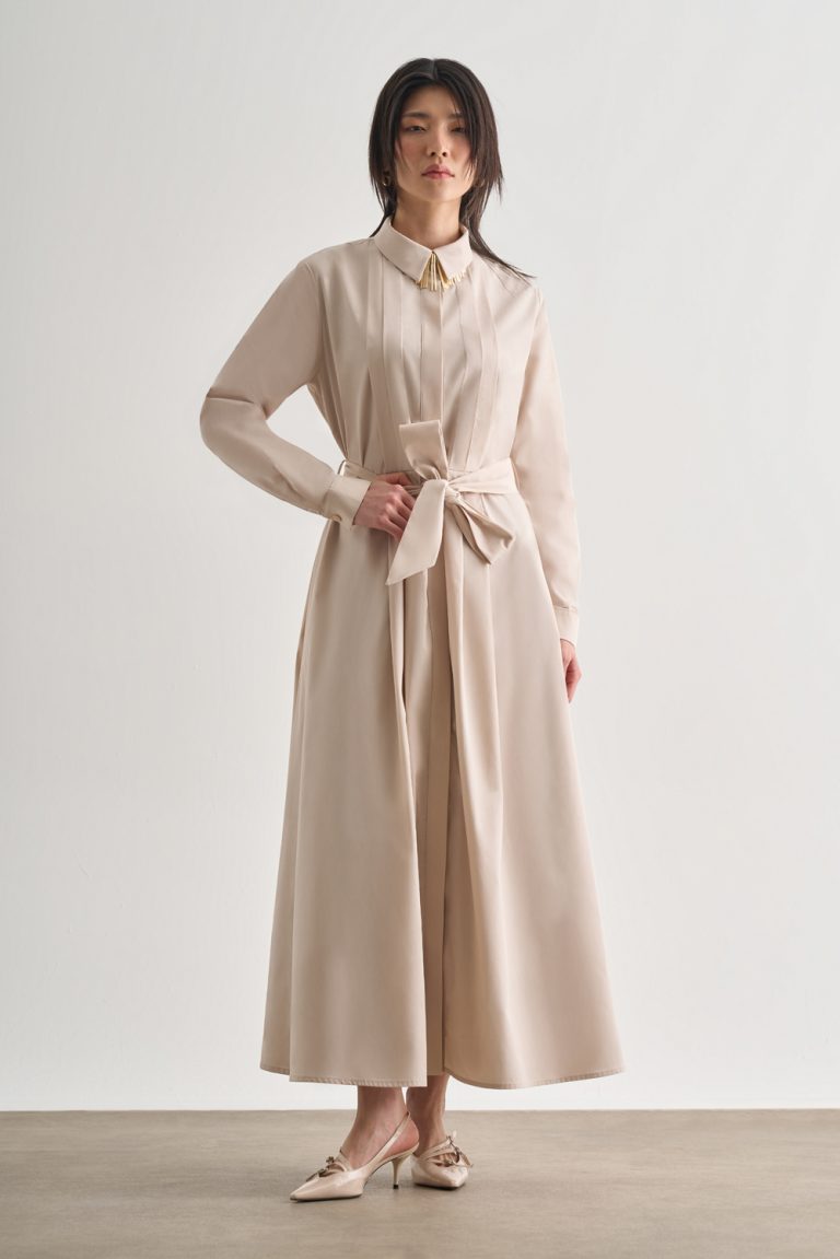 Mizalle Premium Saf Pamuk Taş Rengi Piliseli Uzun Elbise - Mizalle