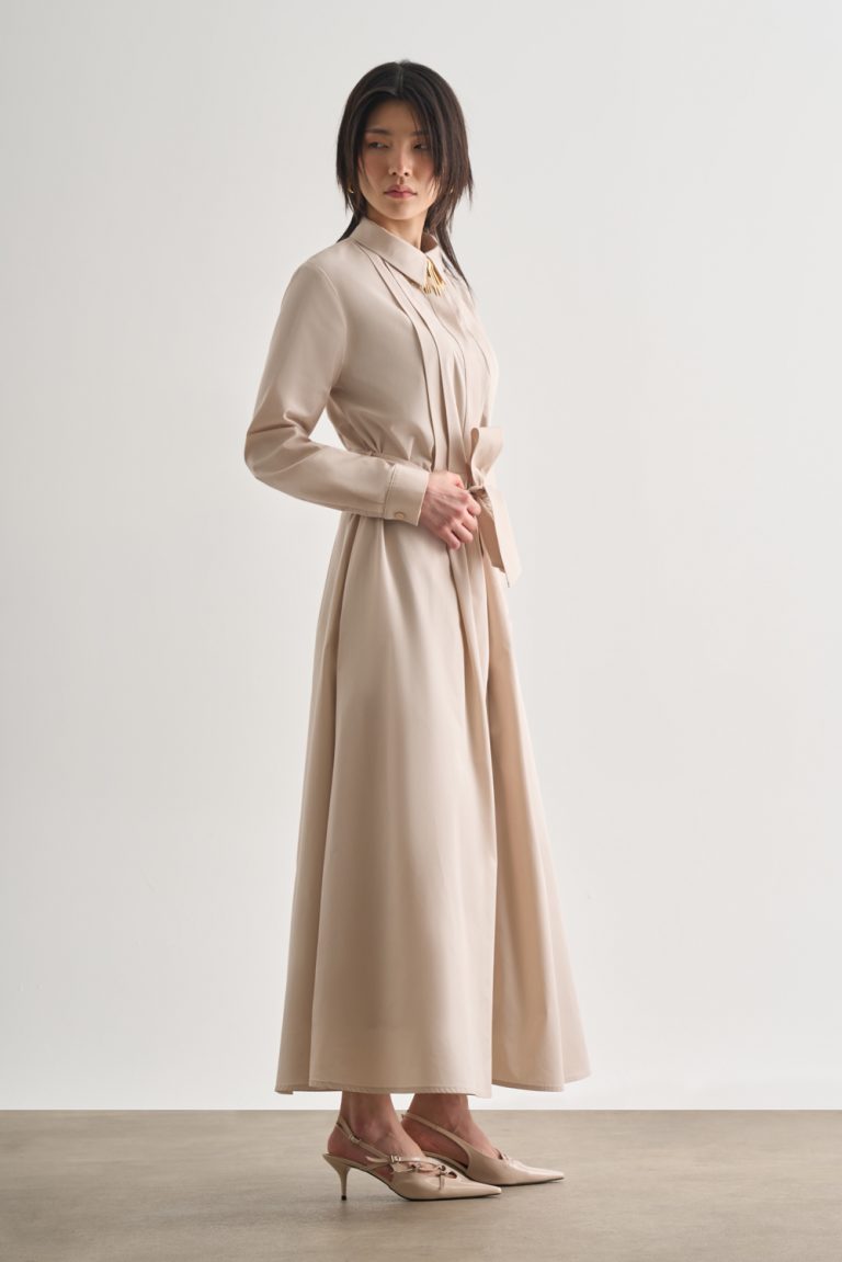 Mizalle Premium Saf Pamuk Taş Rengi Piliseli Uzun Elbise - Mizalle